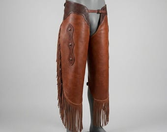 Handmade Tooled Leather Fringe Chaps | Western Rodeo Festival Outfit | Cowgirl Rench-Work Pants