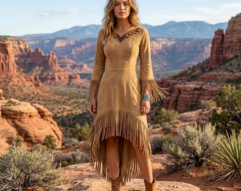 Tribal-Inspired Suede Fringe Dress | Beaded Maxi Concerts & Festivals | Western Native Boho Dance Outfit