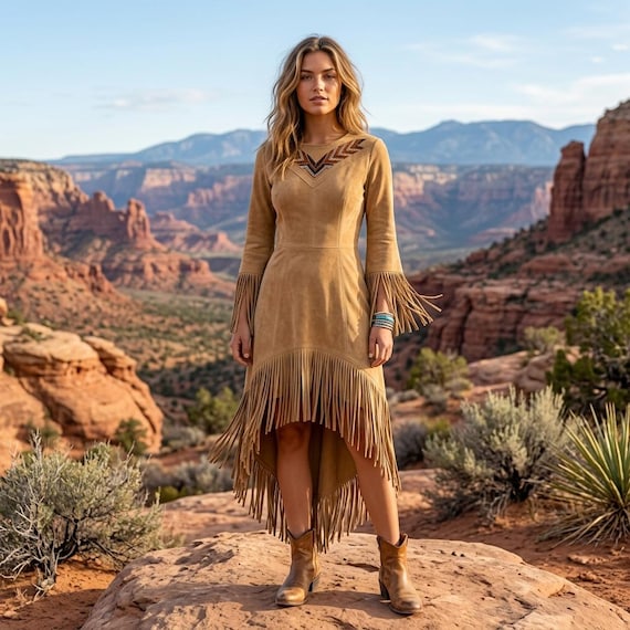 Tribal-Inspired Suede Fringe Dress | Beaded Maxi Concerts & Festivals | Western Native Boho Dance Outfit