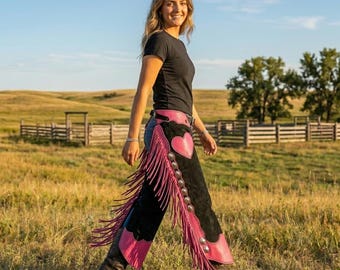 Western Black Suede Pink Fringe Chaps | Hand-Tooled Leather Pants | Cowgirl Rodoe Queen Festival Outfit