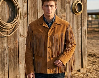 Men's Suede Fringe Jacket | Tan Western Cowboy Coat | Southwestern Rodeo Festival Outerwear