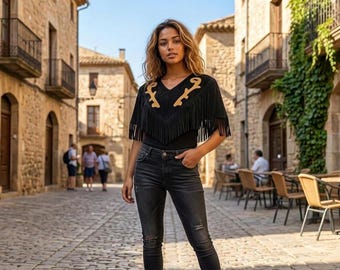 Western Black Suede Fringe Top | Women Boho Shoulder Poncho | Cowgirl Rodeo Festival Cape Outfit