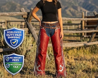 Hand-Carved Maroon Leather Fringe Chaps | Western Tooled Cowgirl Rodeo Leggings | Horse-Show Festival Boho Outfit