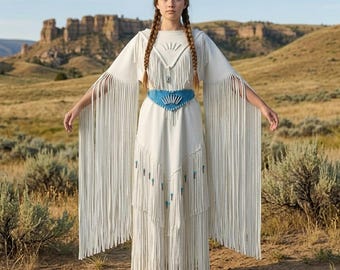 Western White Suede Fringe Dress | Native Inspired Wedding Dress | Cowgirl Powwow Regalia Festival Outfit