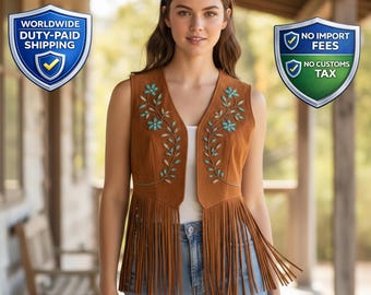 Chaleco de ante con cuentas estilo western para mujer / Chaleco con flecos florales turquesas hecho a mano / Traje de cuero estilo vaquera bohemio