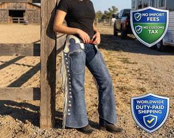 Cowboy Blue Leather Fringe Chaps | Western Hand-Tooled Rodeo Festival Outfit | Cowgirl Tassel Shotgun Pants