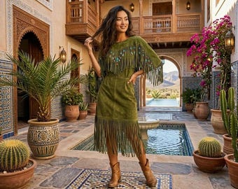 Women Olive Green Suede Fringe Dress | Western Cowgirl Rodeo Outfit | Native Regalia Boho Maxi