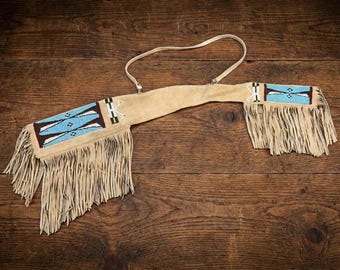 Suede Western Fringe Rifle Cover | Western Beaded Leather Gun Holster | Native-Inspired Cowboy Weapon Scabbard