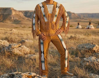 Native-Inspired Suede Beaded Warshirt | Western Fringed Sioux Regalia Warrior Suit | Cowboy Rodeo Mountain Outfit