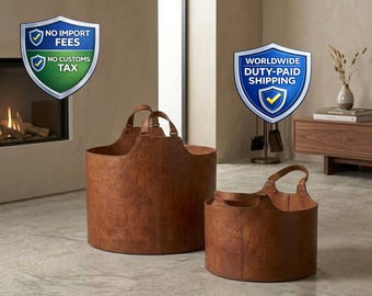 Handmade Leather Wood Storage Basket | Firewood Indoor Log Holder Bin |Fireplace Carrier Organizer Bucket