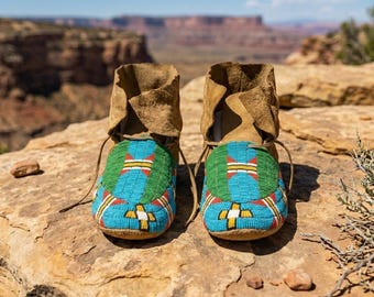 Suede Beaded Moccasins | Southwestern Native Inspired Leather Shoes | Handmade Tribal Beadwork Powwow Festival Mocs