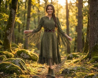 Western Women Floral Beaded Maxi | Olive Green Cowgirl Fringe Party Wear |Native Powwow-Regalia Dress