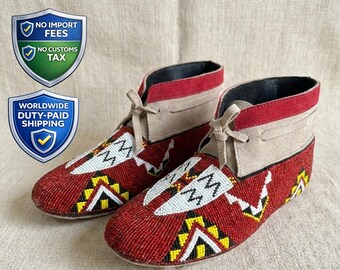 Native Inspired Handmade Beaded Moccasins | Western Suede Lakota Seed-Beed Shoes | American Tribal Traditional Footwear