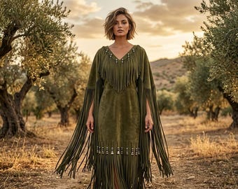 Western Olive Green Fringed Suede Dress | Native-Inspired Cowgirl Regalia | Women Boho Festival Maxi