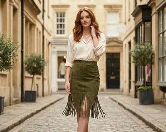 Women Olive Green Suede Fringe Skirt | Western Mini Bottoms | Cowgirl Festival Coastal Tassel Hem