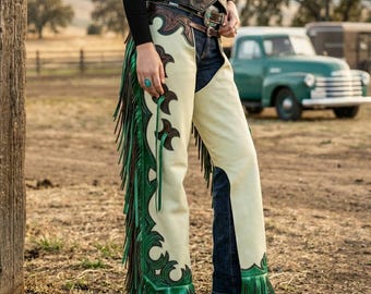 Custom Hand-Tooled Leather Fringe Chaps | Western Floral Sheridan Carved Rodeo Leggings | Cowgirl Horse-Show Outfit