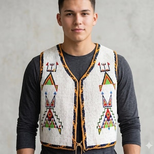 May include: Cream-colored beaded vest with geometric patterns in red, green, blue, and yellow. The vest has a brown leather trim and a tie closure. The design features triangular and rectangular shapes.