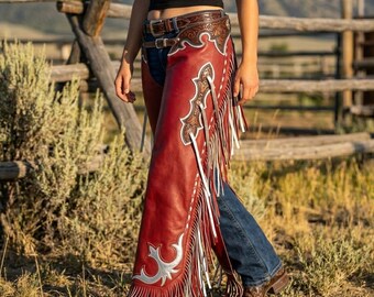 Hand-Carved Maroon Leather Fringe Chaps | Western Tooled Cowgirl Rodeo Leggings | Horse-Show Festival Boho Outfit