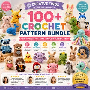 May include: A colorful image showcasing a collection of over 100 crochet patterns for various amigurumi toys. The image features a variety of finished crochet animals, including a bear, Pikachu, a whale, and a raccoon. The text reads "100+ Crochet Pattern Bundle."