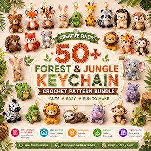Könnte beinhalten: Eine Sammlung von gehäkelten Tier-Schlüsselanhängern, darunter ein Bär, Fuchs, Hirsch, Hase, Schildkröte, Giraffe, Waschbär, Igel, Hund, Eichhörnchen, Katze, Löwe, Tiger, Affe, Elefant, Nilpferd, Zebra, Alligator und Schlange. Der Text lautet: "Forest & Jungle Keychain Crochet Pattern Bundle".