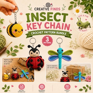 May include: A selection of crocheted insect keyrings, featuring a bee, ladybug, and dragonfly. The keyrings are made with colourful yarn and have metal keyrings. The image also includes text that says "Insect Key Chain Crochet Pattern Bundle".