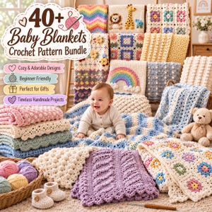 May include: A collection of crochet baby blankets featuring various patterns, colours, and textures, including a rainbow design, floral motifs, and bobble stitches. A basket of yarn balls, small crochet booties, and a teddy bear are also present.