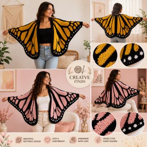 May include: A crochet butterfly wing shawl featuring a black base with either yellow or pink textured patterns. The design mimics monarch butterfly wings with scalloped edges and white dot accents along the borders, worn as an open-front cape.