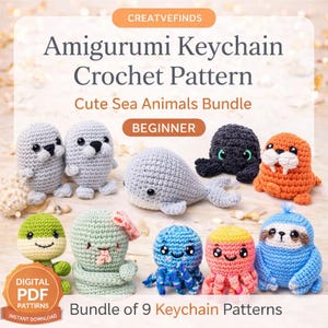 Puede incluir: Un conjunto de nueve patrones de ganchillo para llaveros de animales marinos. La imagen presenta varias criaturas marinas de ganchillo, como focas, una ballena y un pulpo. El texto dice "Amigurumi Keychain Crochet Pattern" y "Cute Sea Animals Bundle".