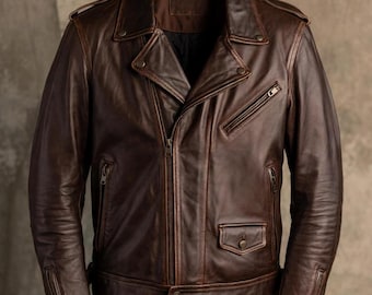 Chaqueta de motociclista vintage de cuero auténtico marrón desgastado para hombre