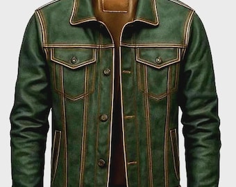 Groene schapenvachttruckerjas heren - vintage bikerstijl
