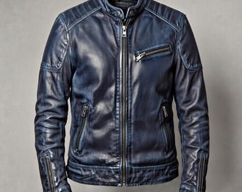 Distressed Blue Leather Biker Jacket Mens - Vintage Moto Motorcycle Coat