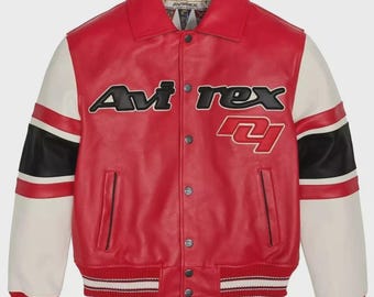 Rood Avirex Varsity-bomberjack, leren mouwen, authentiek