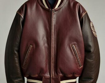 Vintage Full Grain Leather Bomber Jacket, Burgundy & Brown, Eagle Patch