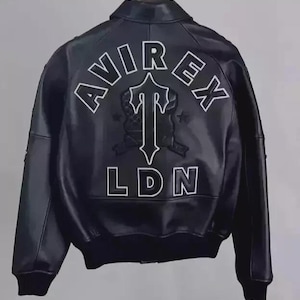 Blouson aviateur en cuir noir pour homme, dos arqué, broderie poignard LDN, université