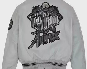 Grijze met draken geborduurde bomberjack Twin Dragon Varsity Streetwear-jas