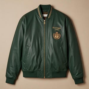 Grön läderbomberjacka för män: Vintage Varsity-stil, broderad Heritage-lapp