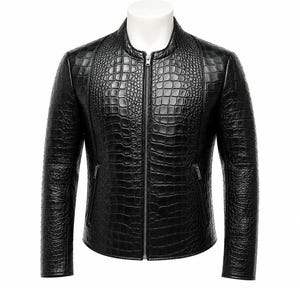 Men's Black Crocodile Embossed Leather Jacket, Genuine Leather Biker Jacket, Croc Print Moto Jacket, Handmade Real Leather Coat for Men