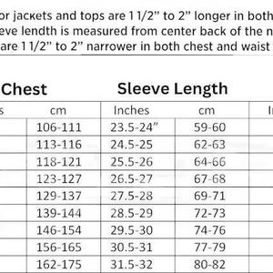 May include: A size chart for jackets and tops, with measurements in inches and centimeters. The chart includes chest, sleeve length, and waist measurements for sizes XS to 5XL. Text at the top explains tall and slim sizing.