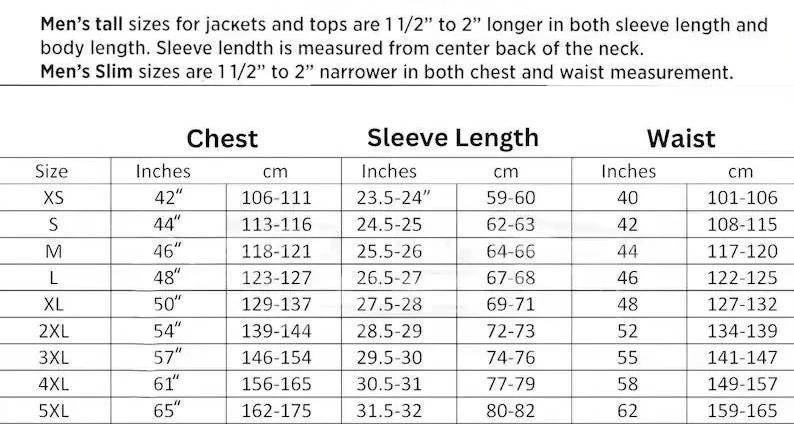 May include: A size chart for jackets and tops, with measurements in inches and centimeters. The chart includes chest, sleeve length, and waist measurements for sizes XS to 5XL. Text at the top explains tall and slim sizing.