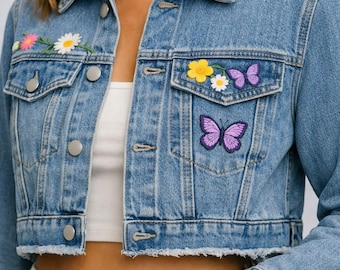 Vintage cropped spijkerjack – geborduurde bloemen