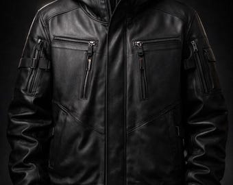 Matte Black Leather Techwear Jacket Mens Oversized Hooded Utility Pocket