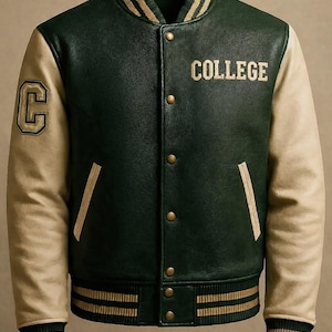 May include: A green and tan letterman jacket with the word "COLLEGE" embroidered in gold. The jacket features a "C" patch on the left sleeve and gold stripes on the collar, cuffs, and hem. The jacket has a button-up front.