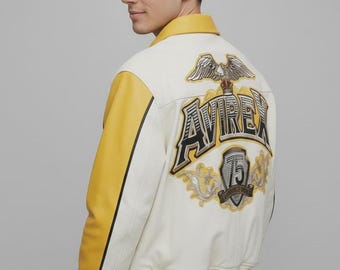 Wit geel leren bomberjack heren adelaar rug borduurwerk Varsity 75 patch
