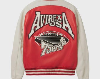 Rood crème leren bomberjack heren varsity voetbal patch geborduurde achterkant retro