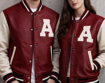 GepersonaliseerdLeren JasHerenAangepastInitial PatchRoodCrèmeRetroStreetwear