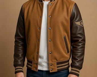 Vintage leren varsityjack lichtbruine bomber luchtvaartpatch