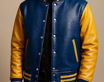 Minimalist Leather Varsity Jacket Blue Yellow Bomber Color Block Streetwear