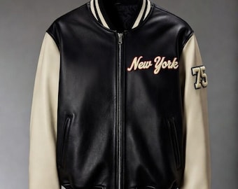 Leren varsityjack: zwart en crème, geborduurd New York, jaren 90-stijl