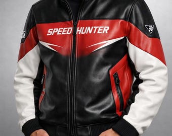 SpeedHunterRacingLeren JasHerenRoodZwartWitMotorsportStreetwearLuxeFit
