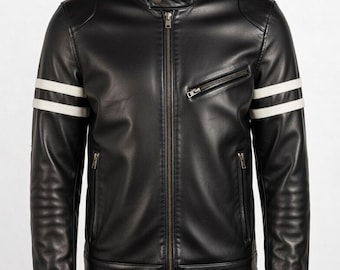 Men's Black Leather Biker Jacket Slim Fit White Racing Stripes Moto